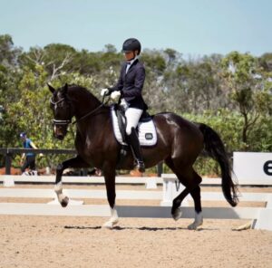 Dressage coach performing on a black horse